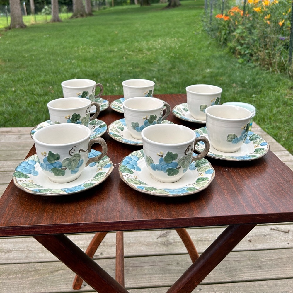 16 piece set of tea, cups, and saucers by Poppy Trail, in sculpted grape pattern